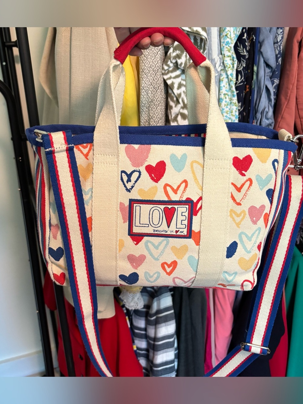 Brighton Canvas LOVE Tote with Multicolor Hearts and Striped Strap